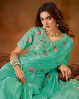 Vishal Prints Light Sea Green Fancy Chiffon Saree With Embroidery Stud Work And Cut Work Border