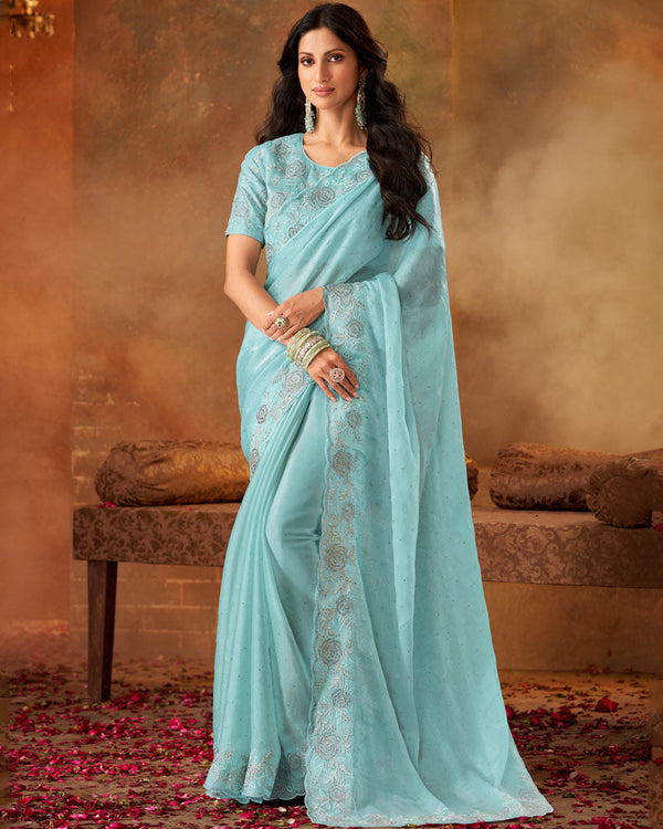 Vishal Prints Pastel Teal Blue Fancy Satin Swarovski Work Saree With Embroidery Cut Work Border