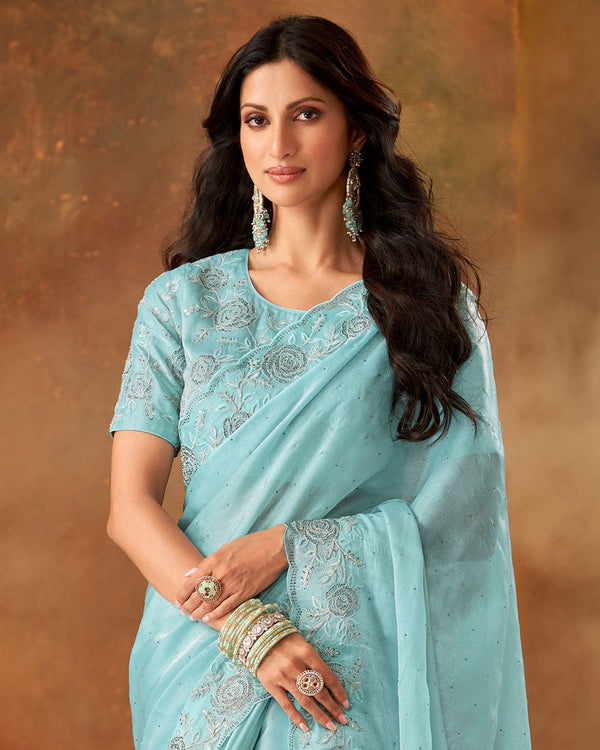 Vishal Prints Pastel Teal Blue Fancy Satin Swarovski Work Saree With Embroidery Cut Work Border