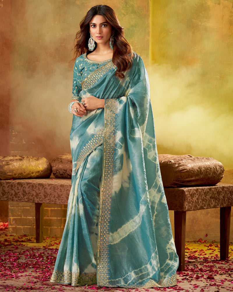 Vishal Prints Faded Teal Blue Crushed Zari Chiffon Swarovski Work Saree With Embroidery Zari Border