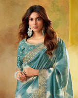 Vishal Prints Faded Teal Blue Crushed Zari Chiffon Swarovski Work Saree With Embroidery Zari Border