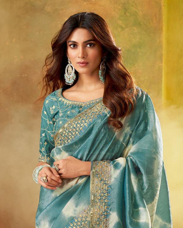 Vishal Prints Faded Teal Blue Crushed Zari Chiffon Swarovski Work Saree With Embroidery Zari Border