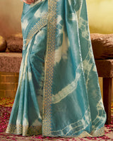 Vishal Prints Faded Teal Blue Crushed Zari Chiffon Swarovski Work Saree With Embroidery Zari Border