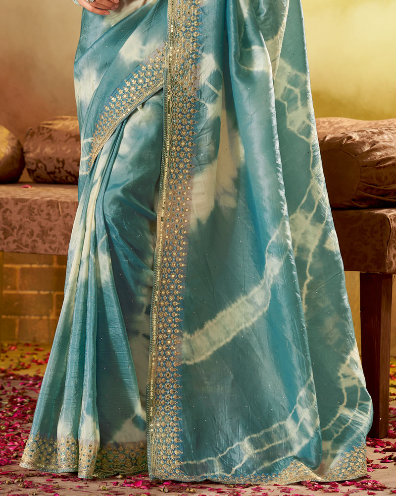 Vishal Prints Faded Teal Blue Crushed Zari Chiffon Swarovski Work Saree With Embroidery Zari Border