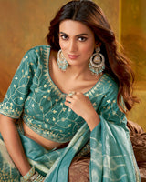 Vishal Prints Faded Teal Blue Crushed Zari Chiffon Swarovski Work Saree With Embroidery Zari Border