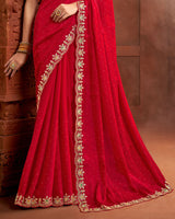 Vishal Prints Cherry Red Fancy Satin Swarovski-Embroidery Work Saree With Cut Work Embroidery Border