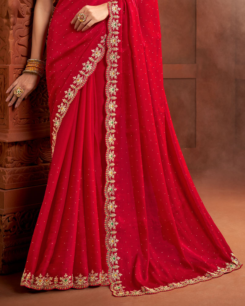 Vishal Prints Cherry Red Fancy Satin Swarovski-Embroidery Work Saree With Cut Work Embroidery Border