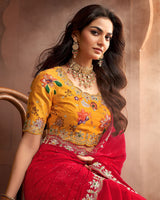 Vishal Prints Cherry Red Fancy Satin Swarovski-Embroidery Work Saree With Cut Work Embroidery Border