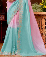 Vishal Prints Dusty Pink Crushed Chiffon Saree With Embroidery-Swarovski Work And Cut Work Border