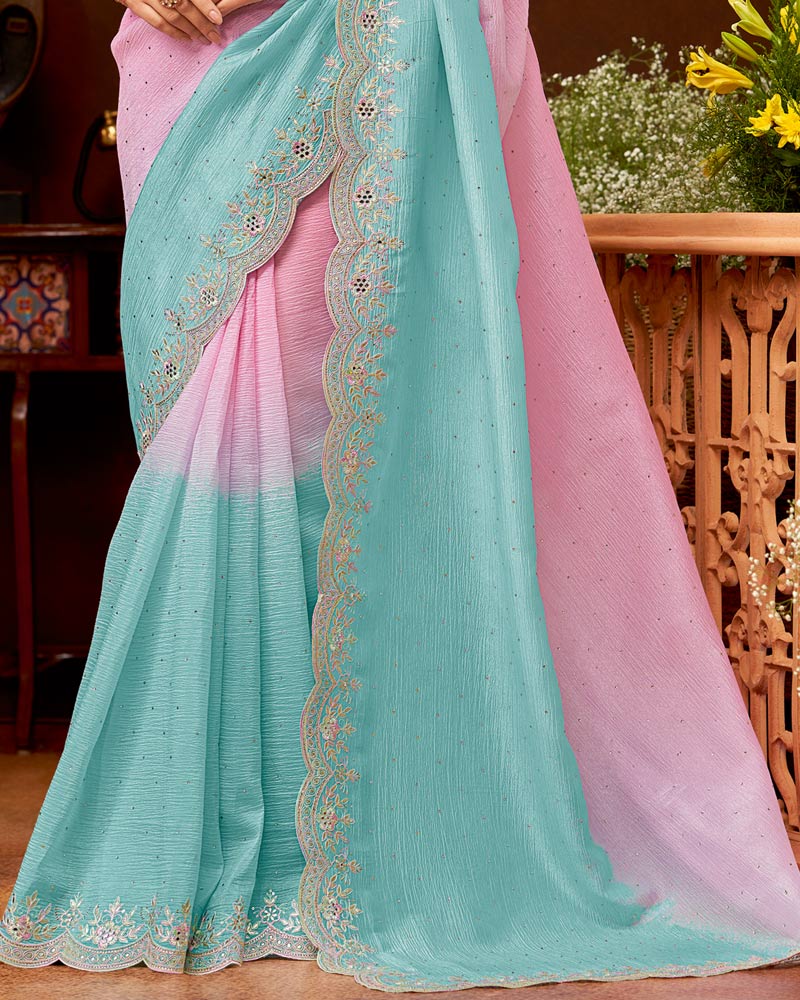 Vishal Prints Dusty Pink Crushed Chiffon Saree With Embroidery-Swarovski Work And Cut Work Border
