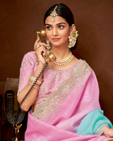 Vishal Prints Dusty Pink Crushed Chiffon Saree With Embroidery-Swarovski Work And Cut Work Border