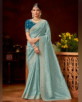 Vishal Prints Bluish Grey Crushed Zari Chiffon Saree With Embroidery-Foil Work And Cut Work Swarovski Border