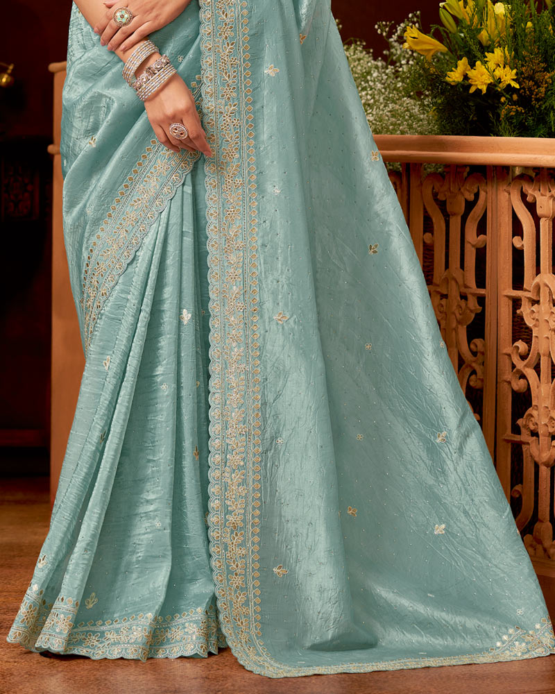 Vishal Prints Bluish Grey Crushed Zari Chiffon Saree With Embroidery-Foil Work And Cut Work Swarovski Border
