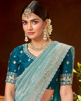 Vishal Prints Bluish Grey Crushed Zari Chiffon Saree With Embroidery-Foil Work And Cut Work Swarovski Border