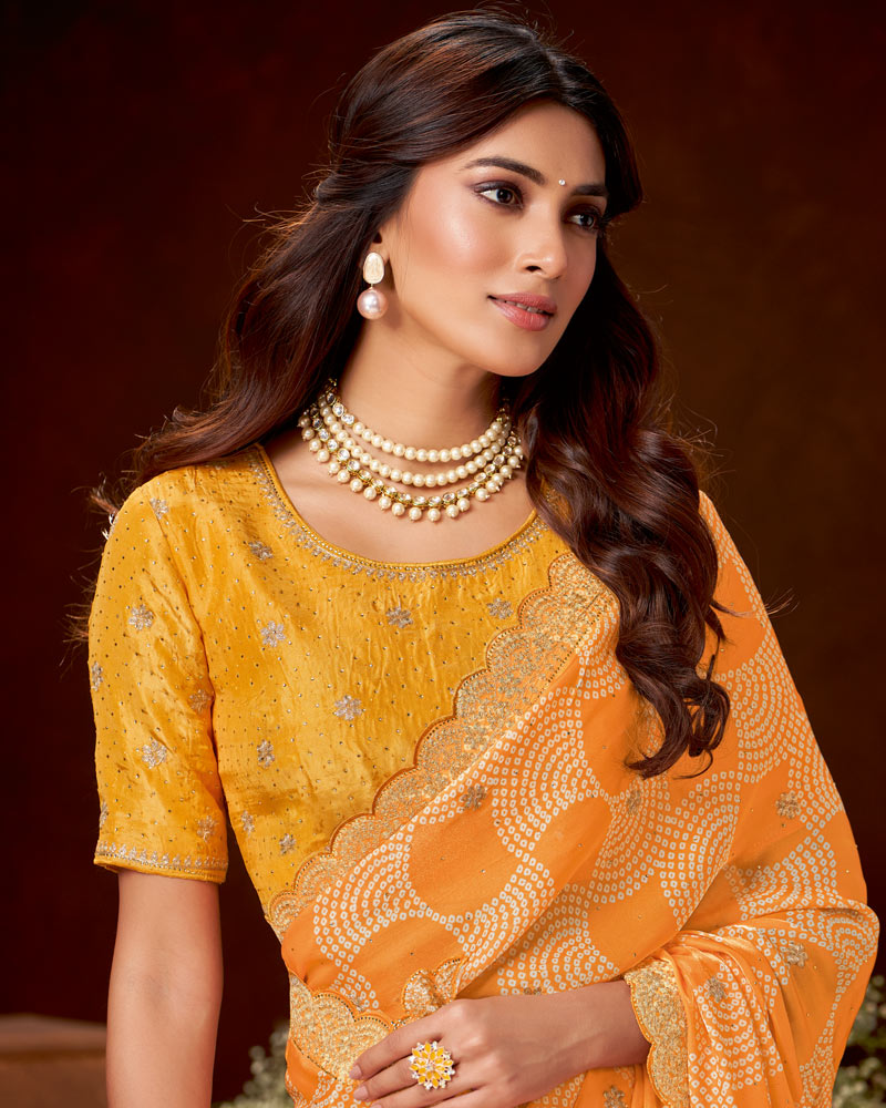 Vishal Prints Carrot Orange Fancy Satin Bandhani Print Saree With Embroidery Work And Swarovski Cut Work Border
