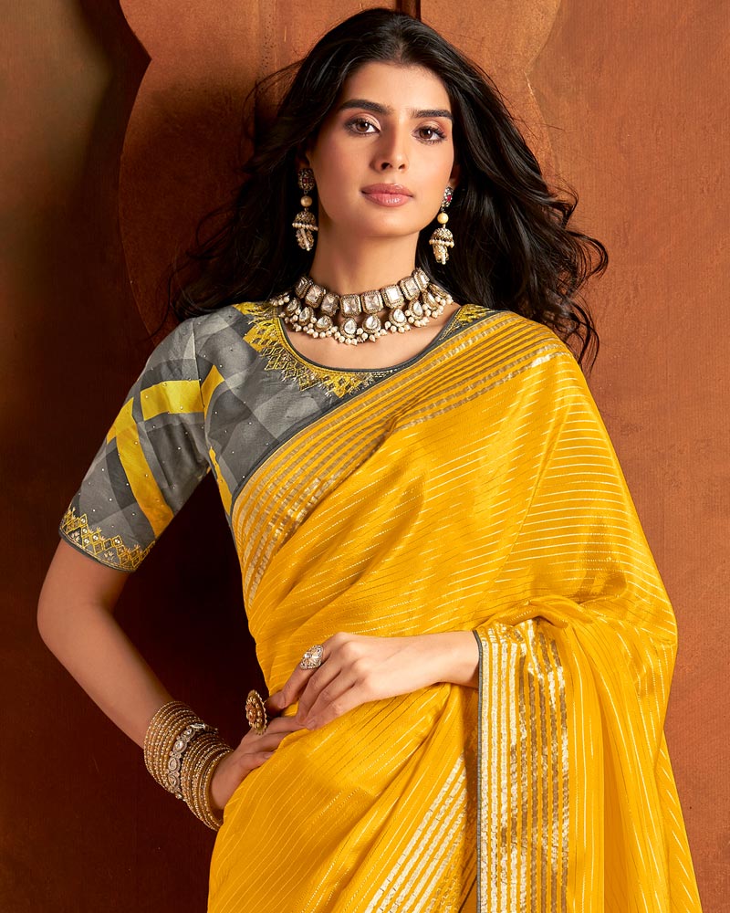 Vishal Prints Dark Yellow Pure Viscose Zari Lining Saree With Raw Silk Piping And Tassel