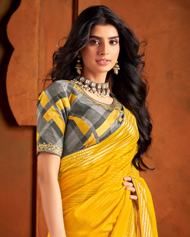 Vishal Prints Dark Yellow Pure Viscose Zari Lining Saree With Raw Silk Piping And Tassel