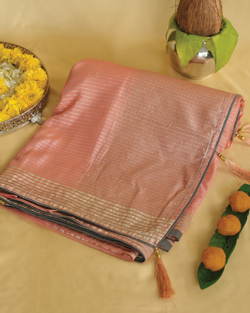 Salmon Orange Fancy Organza Saree With Viscose Zari Lining And Tassel