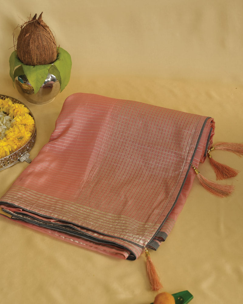 Salmon Orange Fancy Organza Saree With Viscose Zari Lining And Tassel