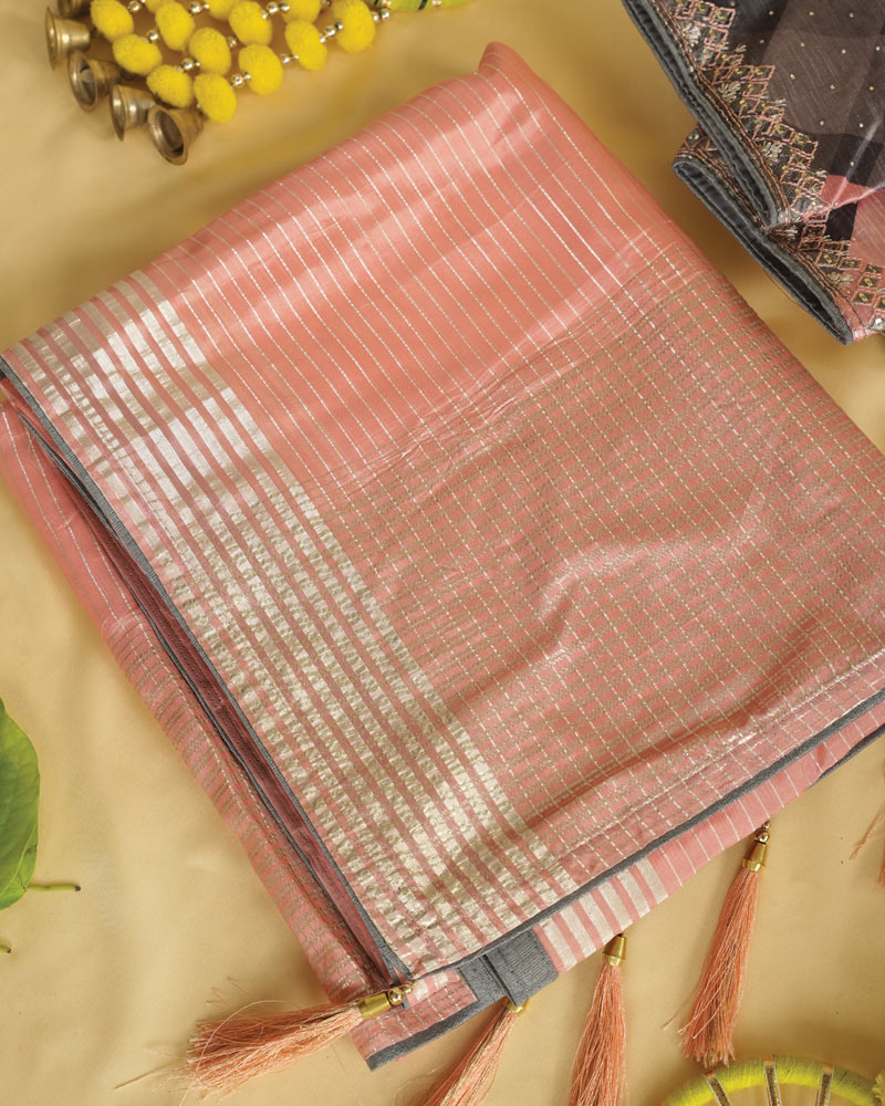 Salmon Orange Fancy Organza Saree With Viscose Zari Lining And Tassel