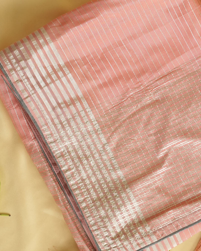 Salmon Orange Fancy Organza Saree With Viscose Zari Lining And Tassel