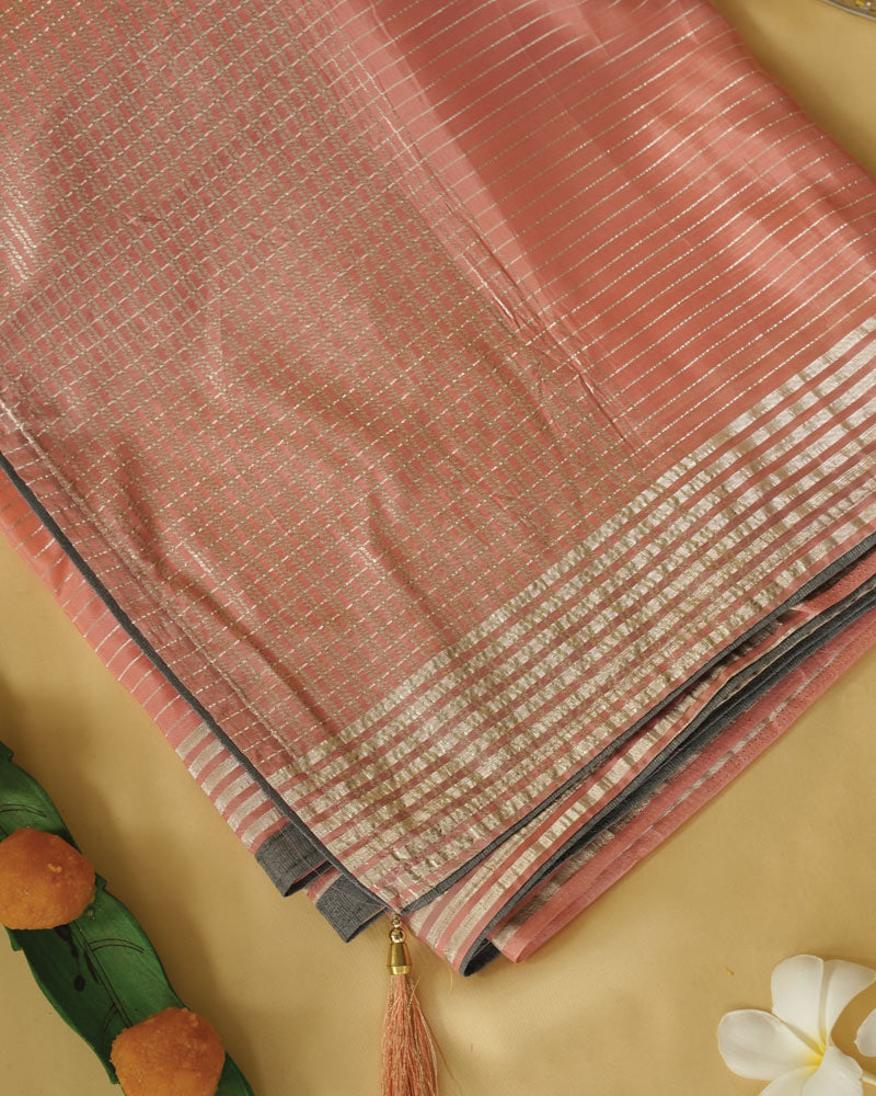 Salmon Orange Fancy Organza Saree With Viscose Zari Lining And Tassel