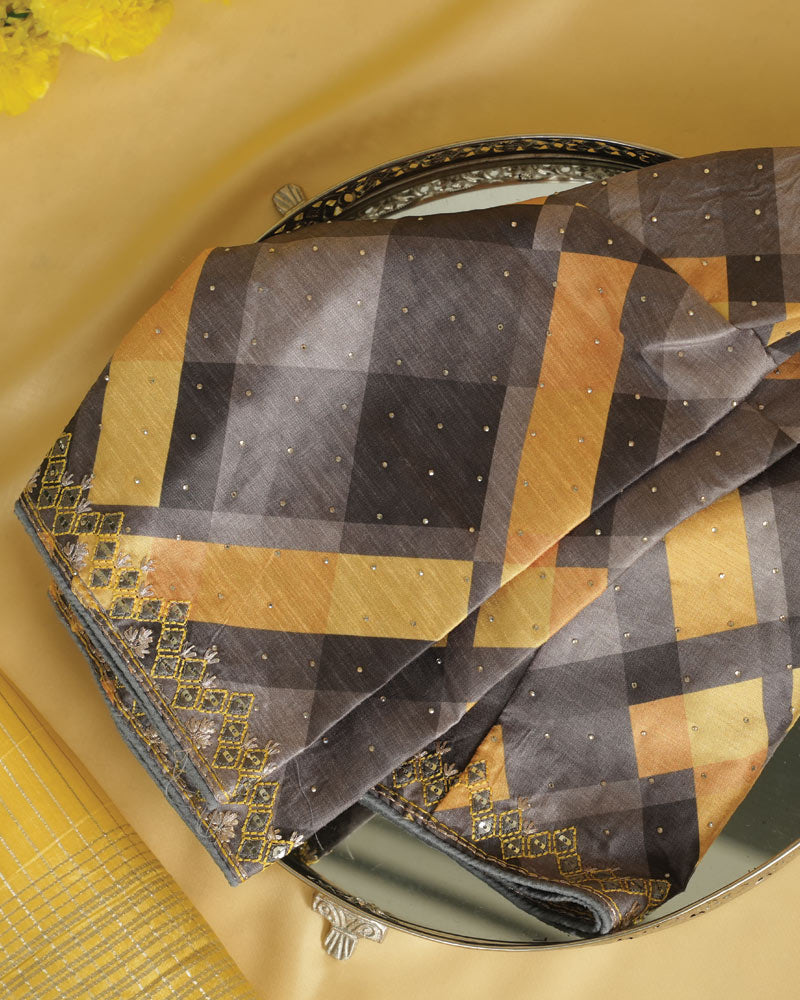 Indian Yellow Fancy Organza Saree With Viscose Zari Lining And Tassel