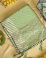 Pistachio Green Fancy Organza Saree With Viscose Zari Lining And Tassel