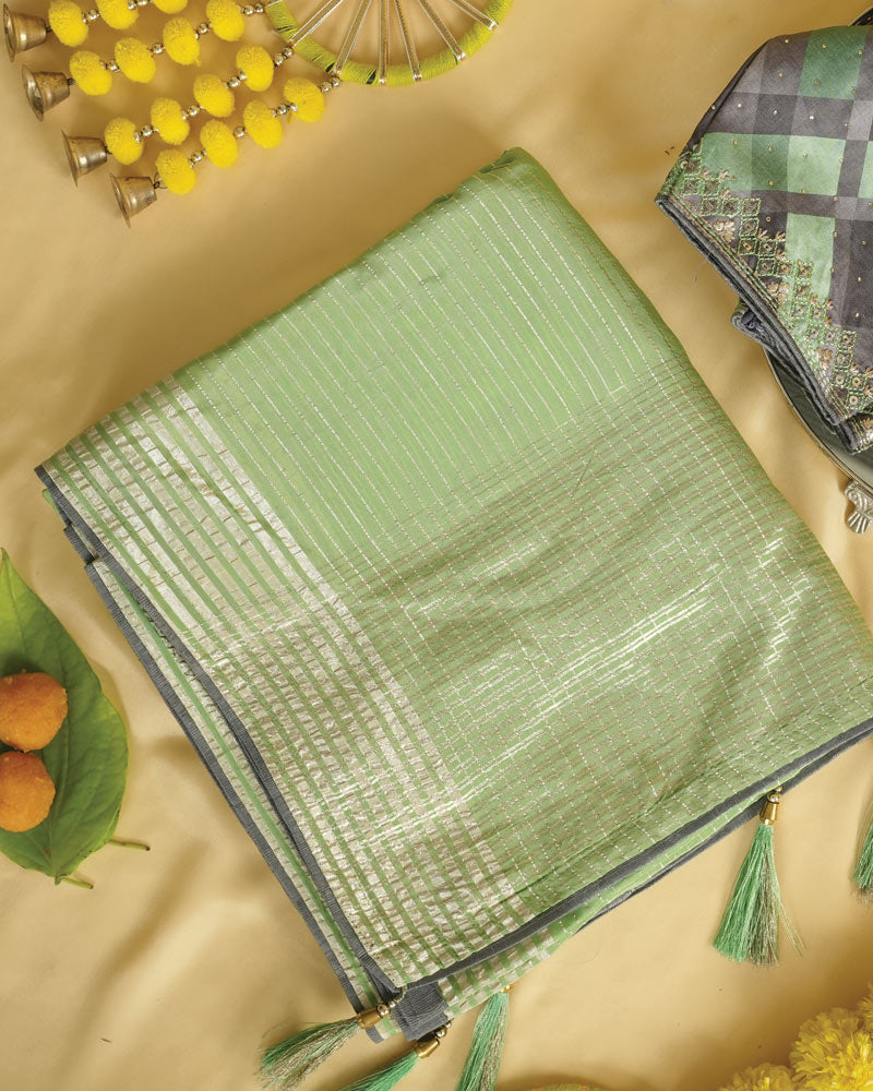 Pistachio Green Fancy Organza Saree With Viscose Zari Lining And Tassel