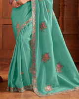 Vishal Prints Aqua Green Patterned Crushed Chiffon Saree With Embroidery Butta And Embroidery Cut-Dana Border
