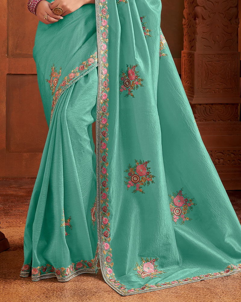 Vishal Prints Aqua Green Patterned Crushed Chiffon Saree With Embroidery Butta And Embroidery Cut-Dana Border
