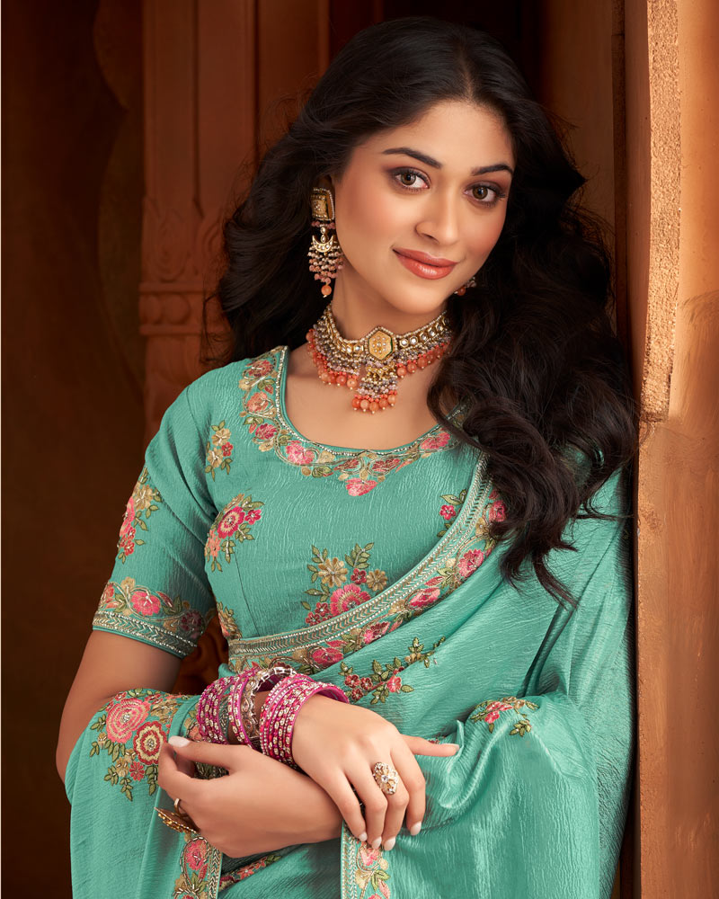 Vishal Prints Aqua Green Patterned Crushed Chiffon Saree With Embroidery Butta And Embroidery Cut-Dana Border