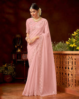 Vishal Prints Rose Pink Fancy Crushed Chiffon Saree With Embroidery-Mirror Work And Swarovski Cut Work Border