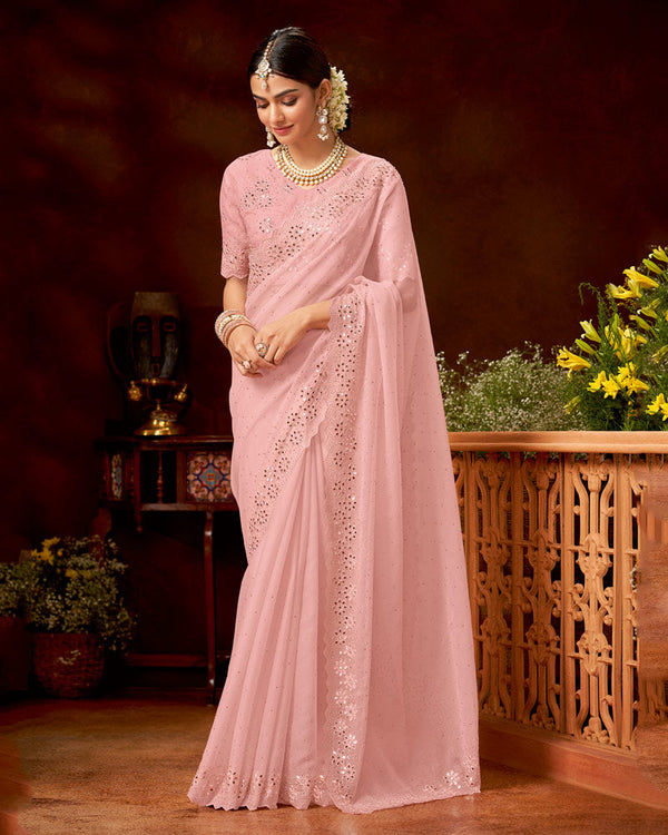 Vishal Prints Rose Pink Fancy Crushed Chiffon Saree With Embroidery-Mirror Work And Swarovski Cut Work Border