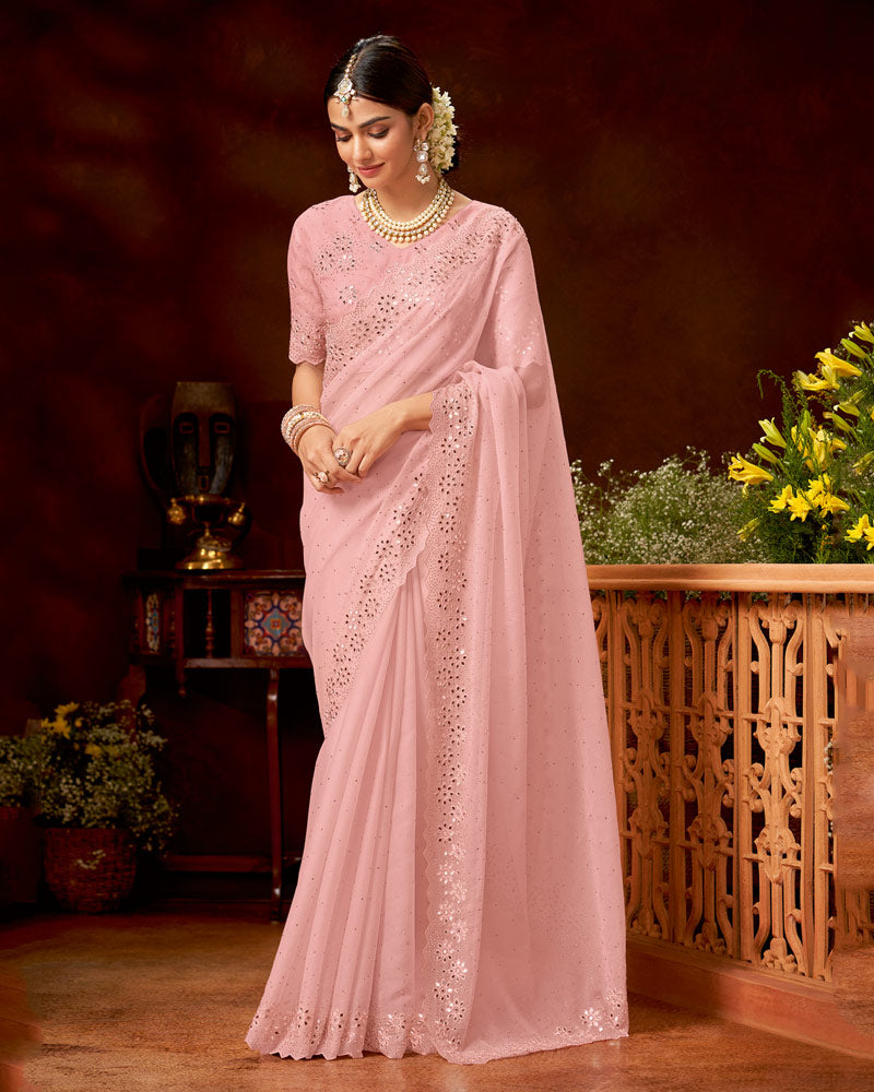 Vishal Prints Rose Pink Fancy Crushed Chiffon Saree With Embroidery-Mirror Work And Swarovski Cut Work Border