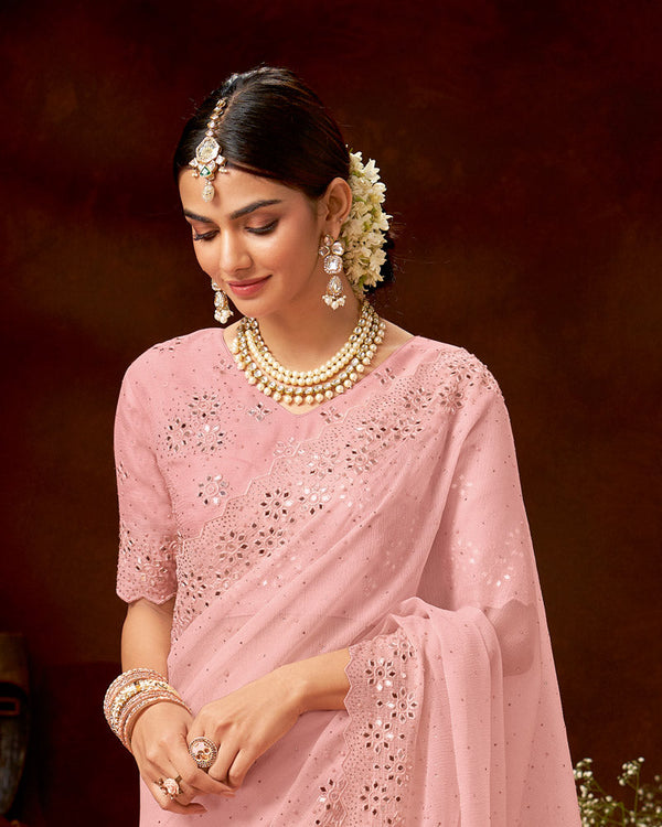 Vishal Prints Rose Pink Fancy Crushed Chiffon Saree With Embroidery-Mirror Work And Swarovski Cut Work Border