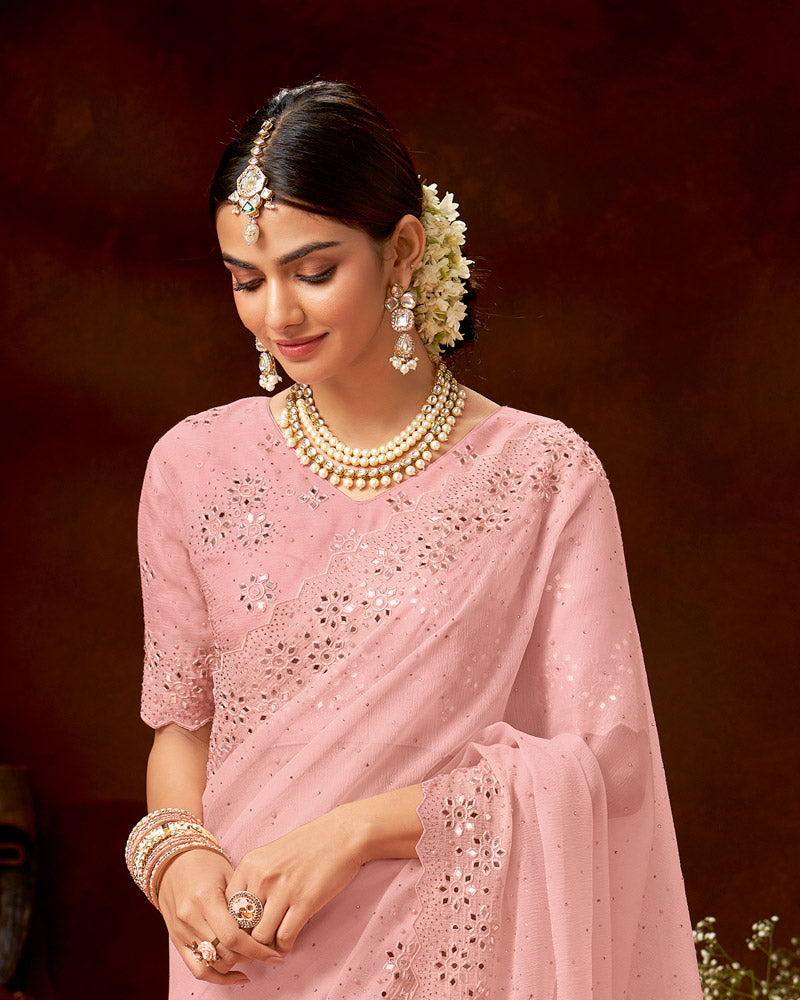 Vishal Prints Rose Pink Fancy Crushed Chiffon Saree With Embroidery-Mirror Work And Swarovski Cut Work Border