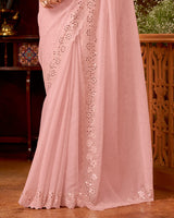 Vishal Prints Rose Pink Fancy Crushed Chiffon Saree With Embroidery-Mirror Work And Swarovski Cut Work Border