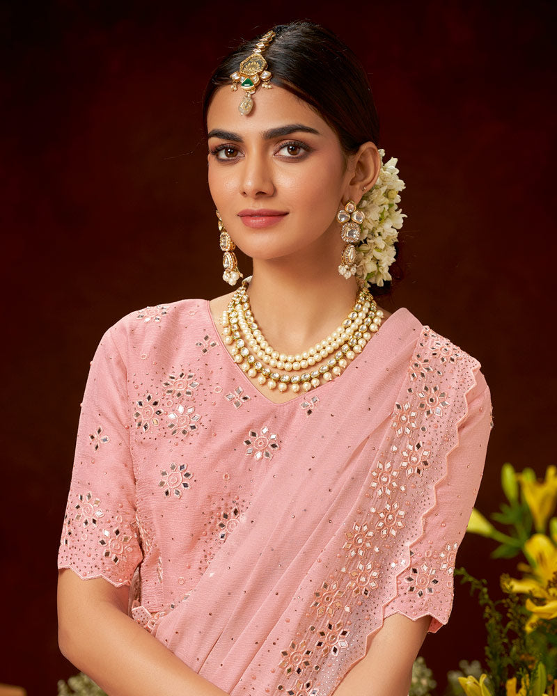 Vishal Prints Rose Pink Fancy Crushed Chiffon Saree With Embroidery-Mirror Work And Swarovski Cut Work Border