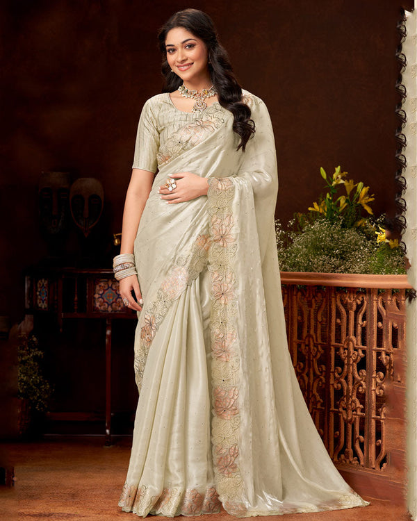 Vishal Prints Off White Fancy Chiffon Swarovski Work Saree With Embroidery-Foil Cut Work Border