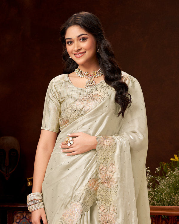 Vishal Prints Off White Fancy Chiffon Swarovski Work Saree With Embroidery-Foil Cut Work Border