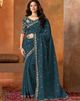Vishal Prints Dark Navy Blue Crushed Chiffon Saree With Embroidery-Sequence Butta And Cut Work Border