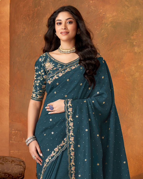 Vishal Prints Dark Navy Blue Crushed Chiffon Saree With Embroidery-Sequence Butta And Cut Work Border