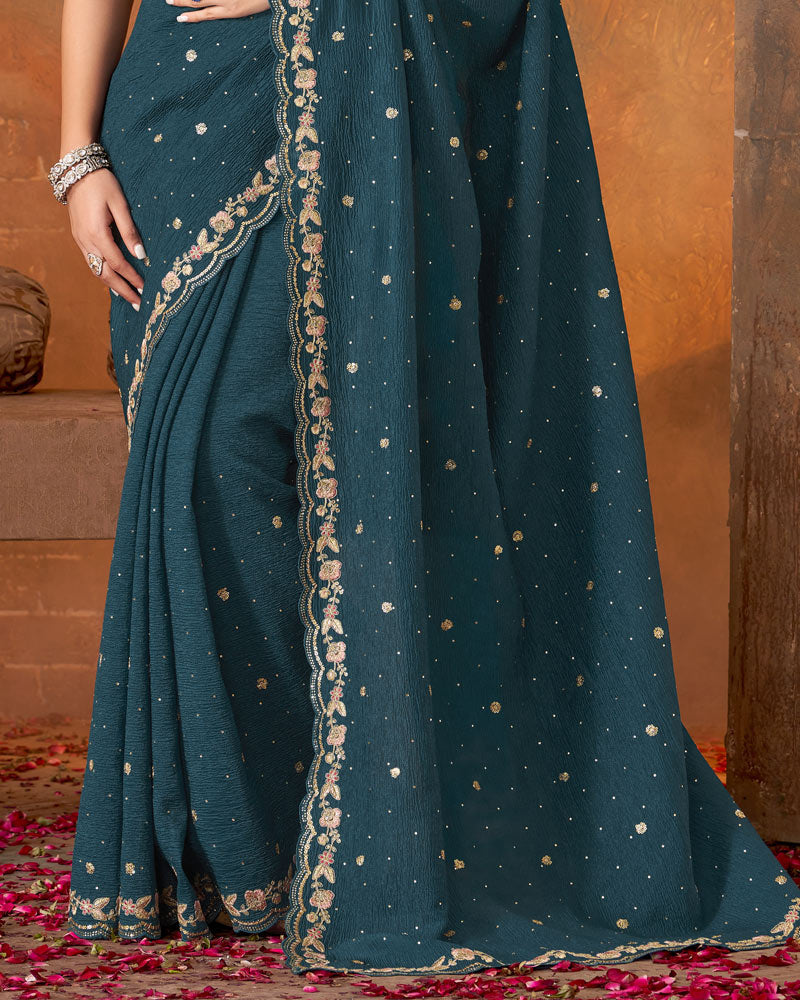 Vishal Prints Dark Navy Blue Crushed Chiffon Saree With Embroidery-Sequence Butta And Cut Work Border