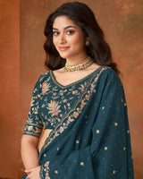 Vishal Prints Dark Navy Blue Crushed Chiffon Saree With Embroidery-Sequence Butta And Cut Work Border