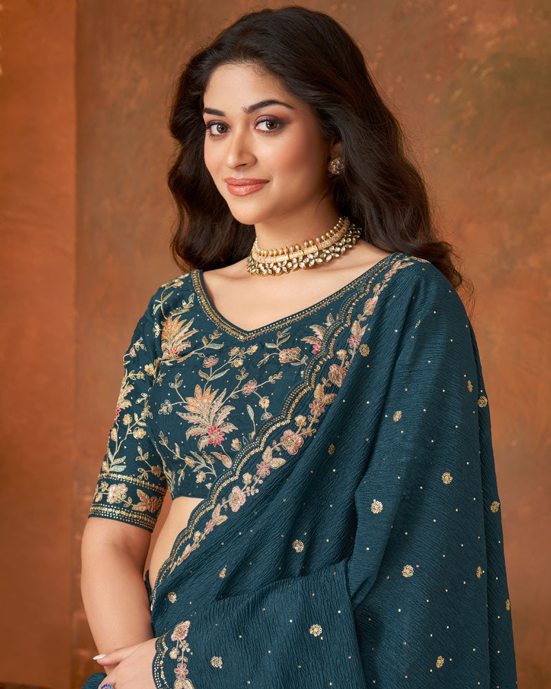 Vishal Prints Dark Navy Blue Crushed Chiffon Saree With Embroidery-Sequence Butta And Cut Work Border