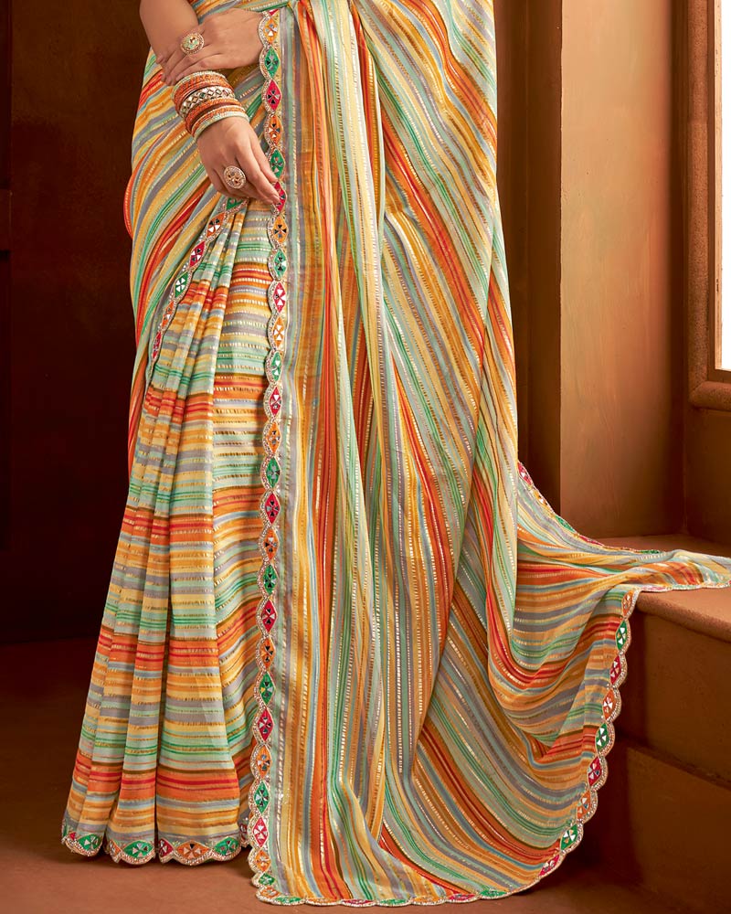 Vishal Prints Multi Color Pure Zari Chiffon Saree With Zari Lining And Embroidery Cut Work Border