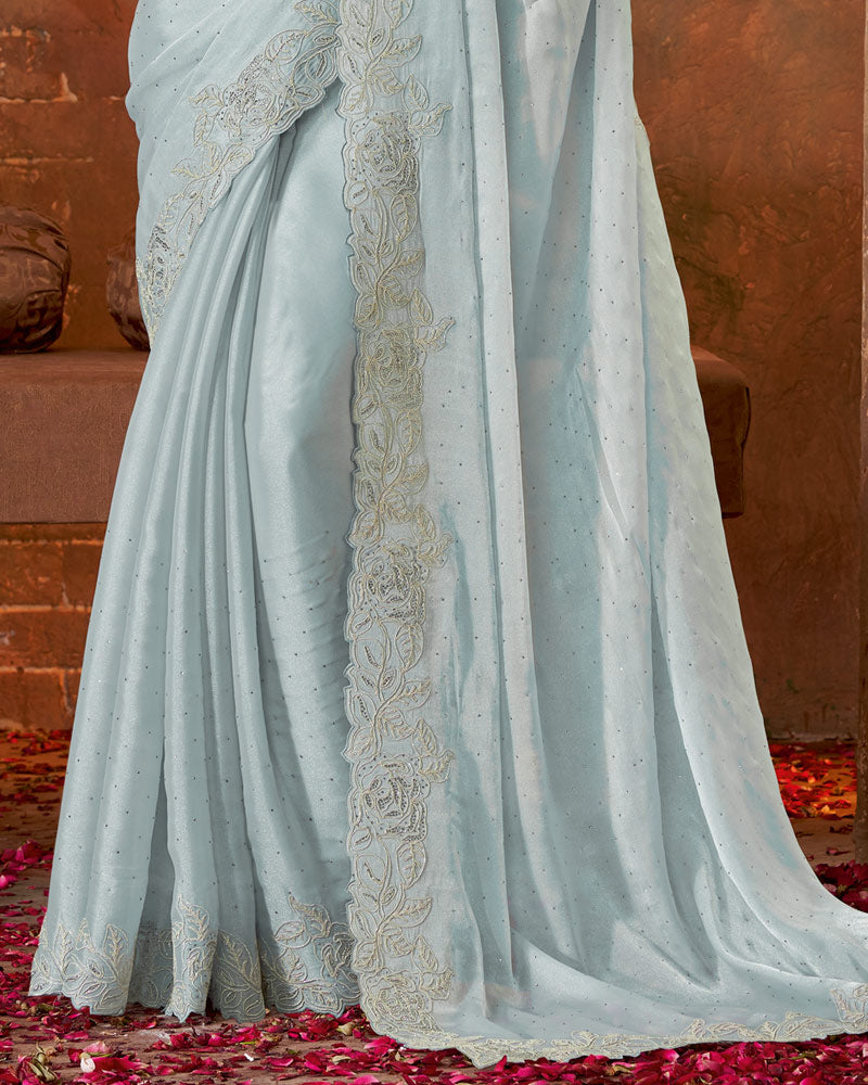 Vishal Prints Warm Grey Fancy Satin Embroidery-Swarovski Work Saree With Cut Work Border