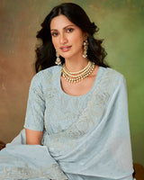 Vishal Prints Warm Grey Fancy Satin Embroidery-Swarovski Work Saree With Cut Work Border