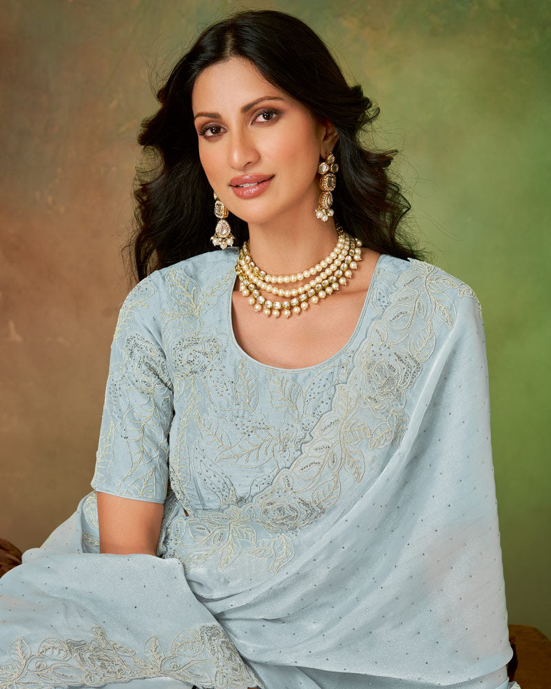 Vishal Prints Warm Grey Fancy Satin Embroidery-Swarovski Work Saree With Cut Work Border